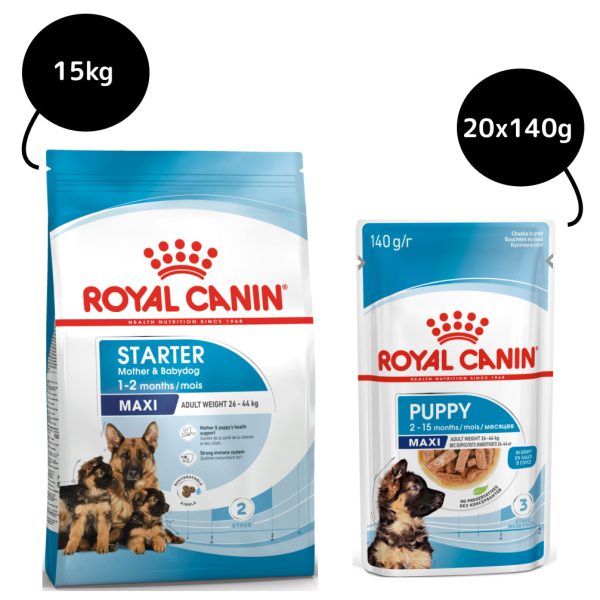 Royal Canin Maxi Starter Dry Food and Maxi Puppy Dog Wet Food Combo For Sale