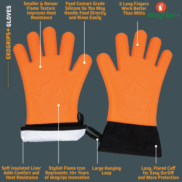 Ekogrips®+ Oven Gloves with Fingers, Comfy Waterproof Heat Resistant Grill Gloves -Long Cuff and Good Dexterity Hot on Sale