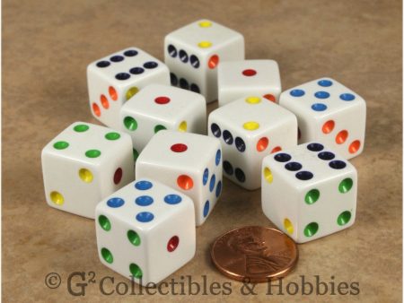 D6 16mm Opaque White with Multicolor Pips 10pc Dice Set Discount