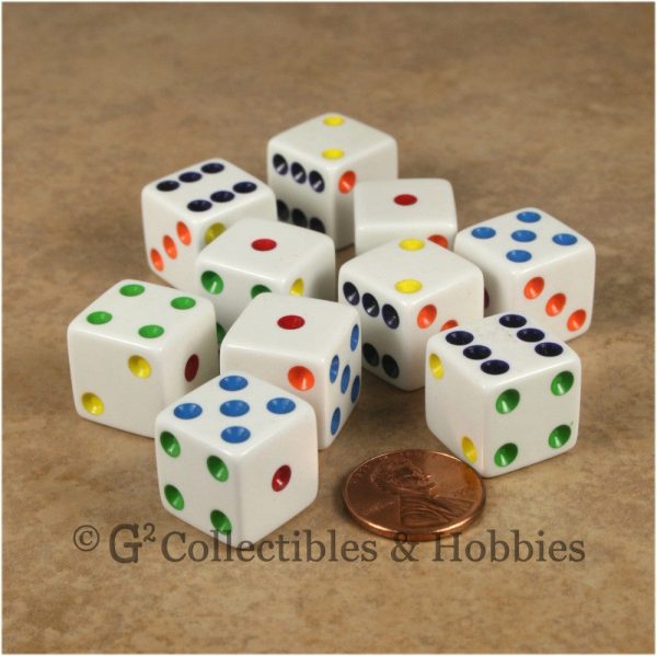 D6 16mm Opaque White with Multicolor Pips 10pc Dice Set Discount