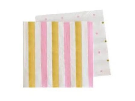 Gold & Pink Stripe & Spot Napkins - Beverage 20 Pkt Supply